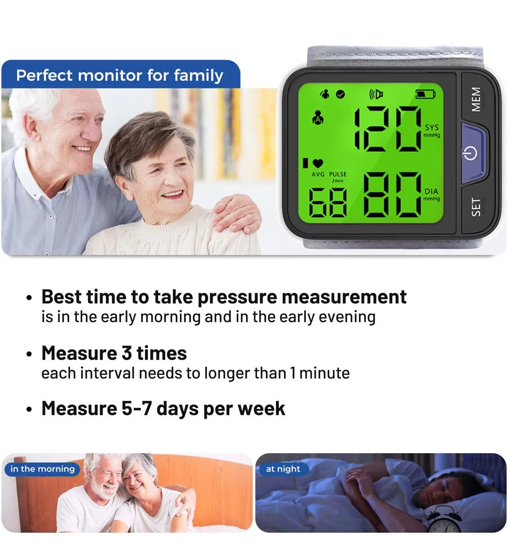 Blood Pressure Monitor, Professional Wireless Automatic Wrist Blood Pressure Cuffs Health Monitors, Portable BP Heart Rate Monitor with LCD Backlit Display, for Home Travel Use