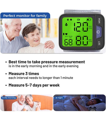 Blood Pressure Monitor, Professional Wireless Automatic Wrist Blood Pressure Cuffs Health Monitors, Portable BP Heart Rate Monitor with LCD Backlit Display, for Home Travel Use