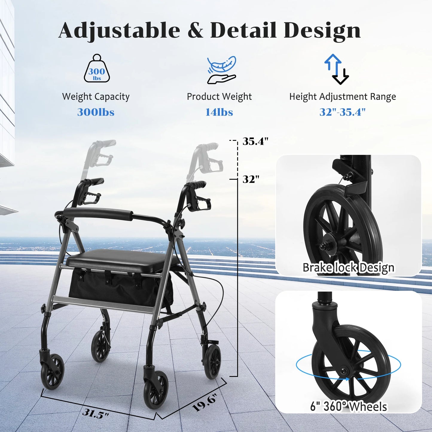 Rolling Walker for Seniors, Foldable Rollator Walker with Seat and 6” Wheels, 300 Lb Capacity, Aluminum Frame, Gray