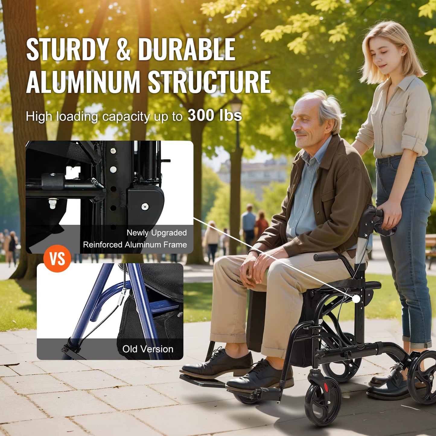 2 in 1 Rollator Walker & Transport Chair for Seniors Folding Rolling Walker Wheelchair Combo & Aluminum Mobility Walker