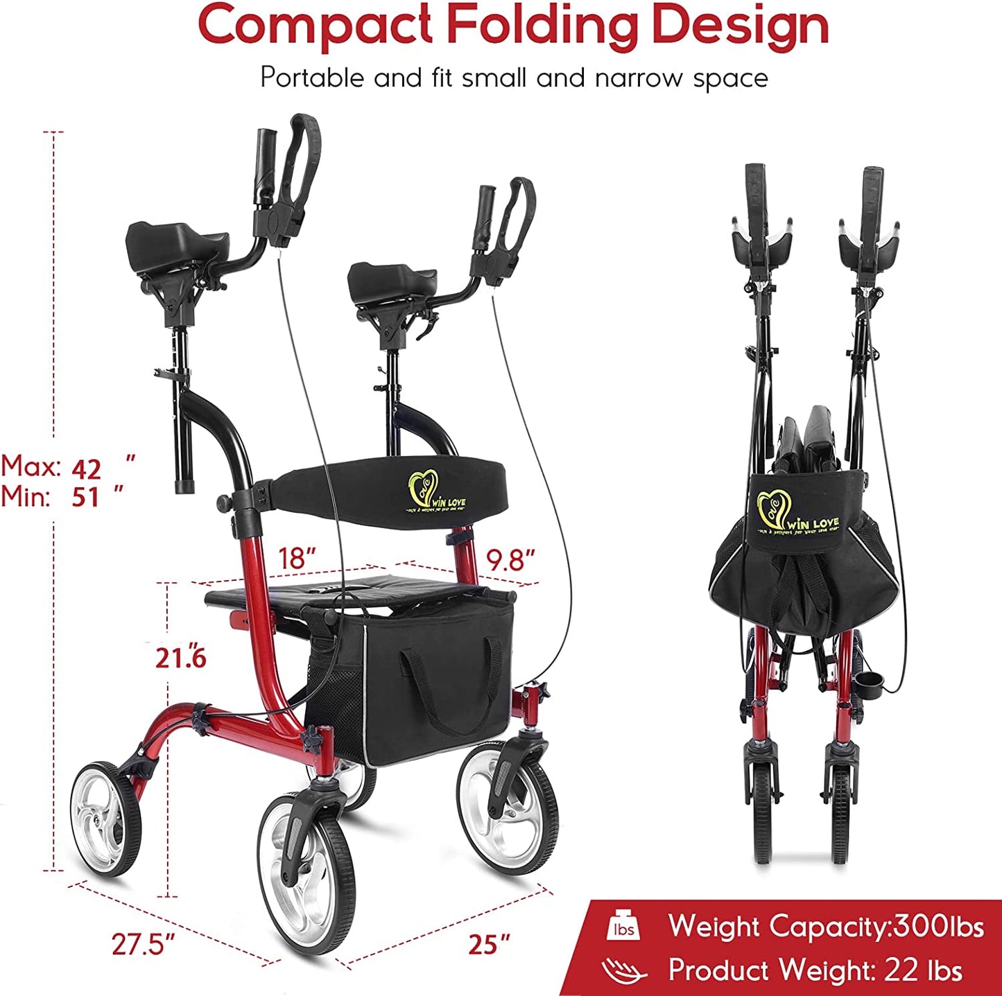 Upright Rollator Walkers for Seniors Stand up Aluminium Tall Walker Light Weight