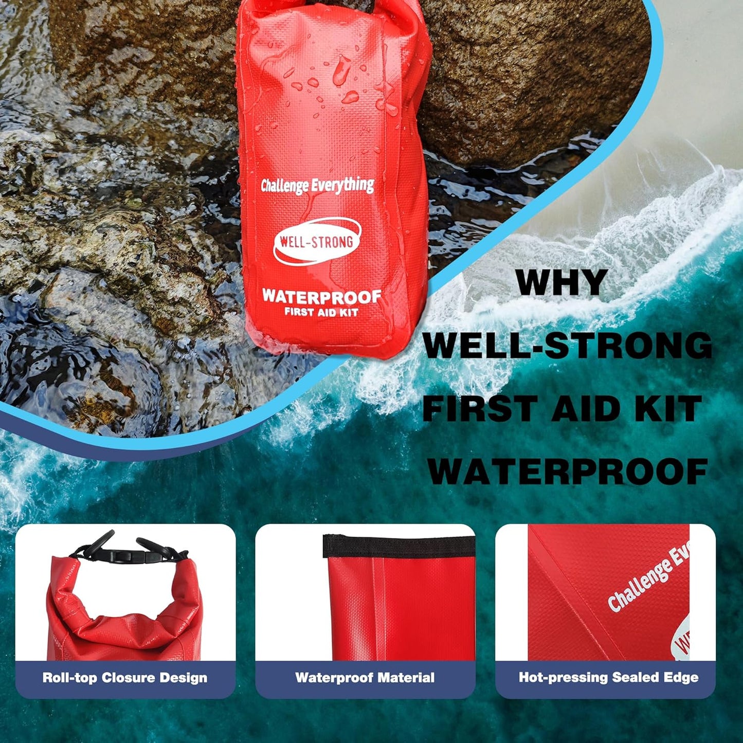 Professional Waterproof First Aid Kit for Outdoor Activities - Ideal for Fishing, Kayaking, Boating, Swimming, Camping, Rafting, and Beach Use - Red Color