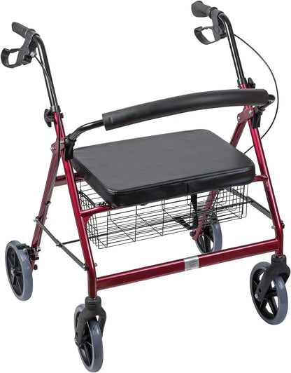 Extra-Wide Heavy Duty Steel Bariatric Mobility Rollator Walker with Seat and Basket, Burgundy, Folding