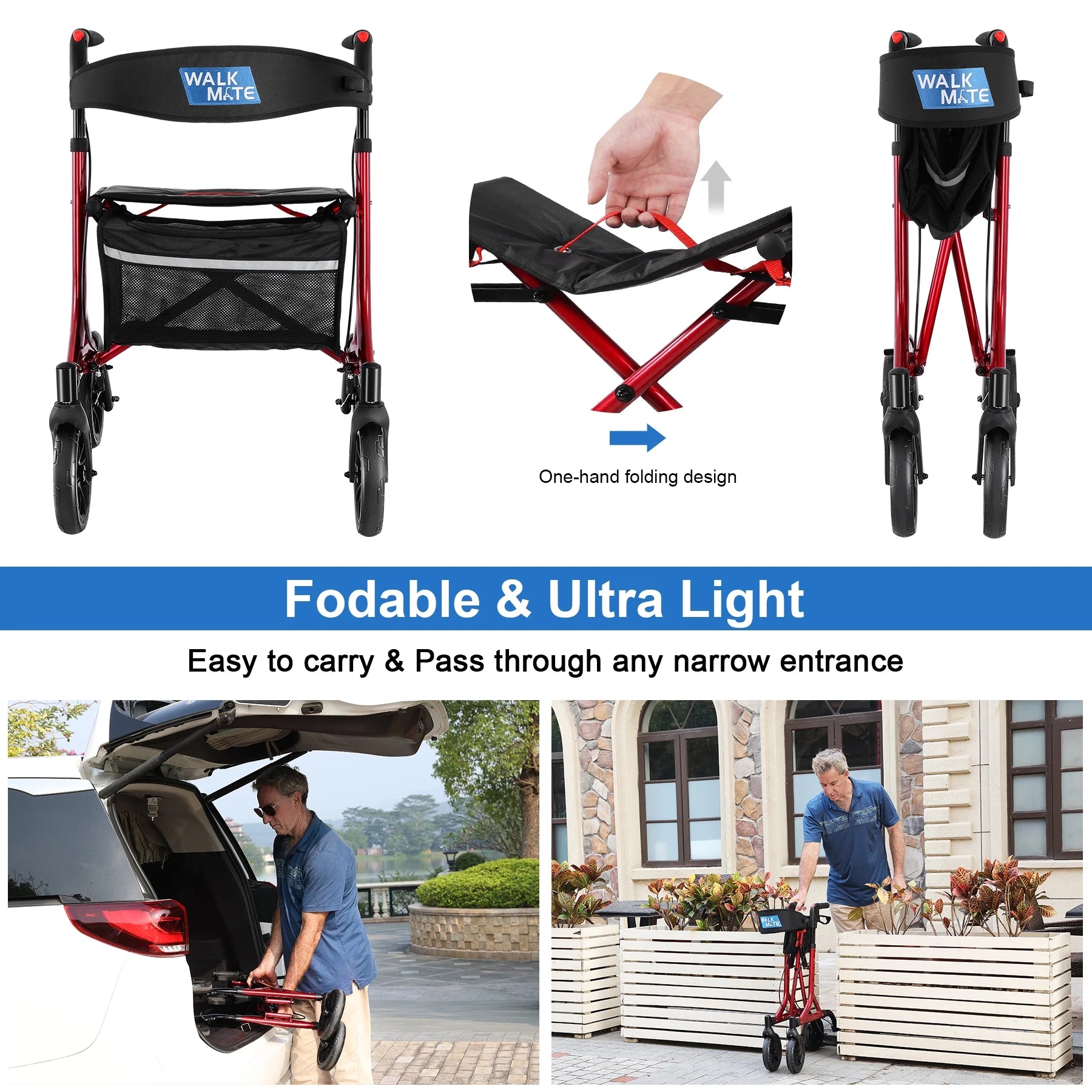 Rollator Walker for Seniors with Cup Holder, Upgraded Thumb Press Button for Height Adjustment, 8" Wheels Folding Lightweight Walking Aid with Seat Padded Backrest, Red