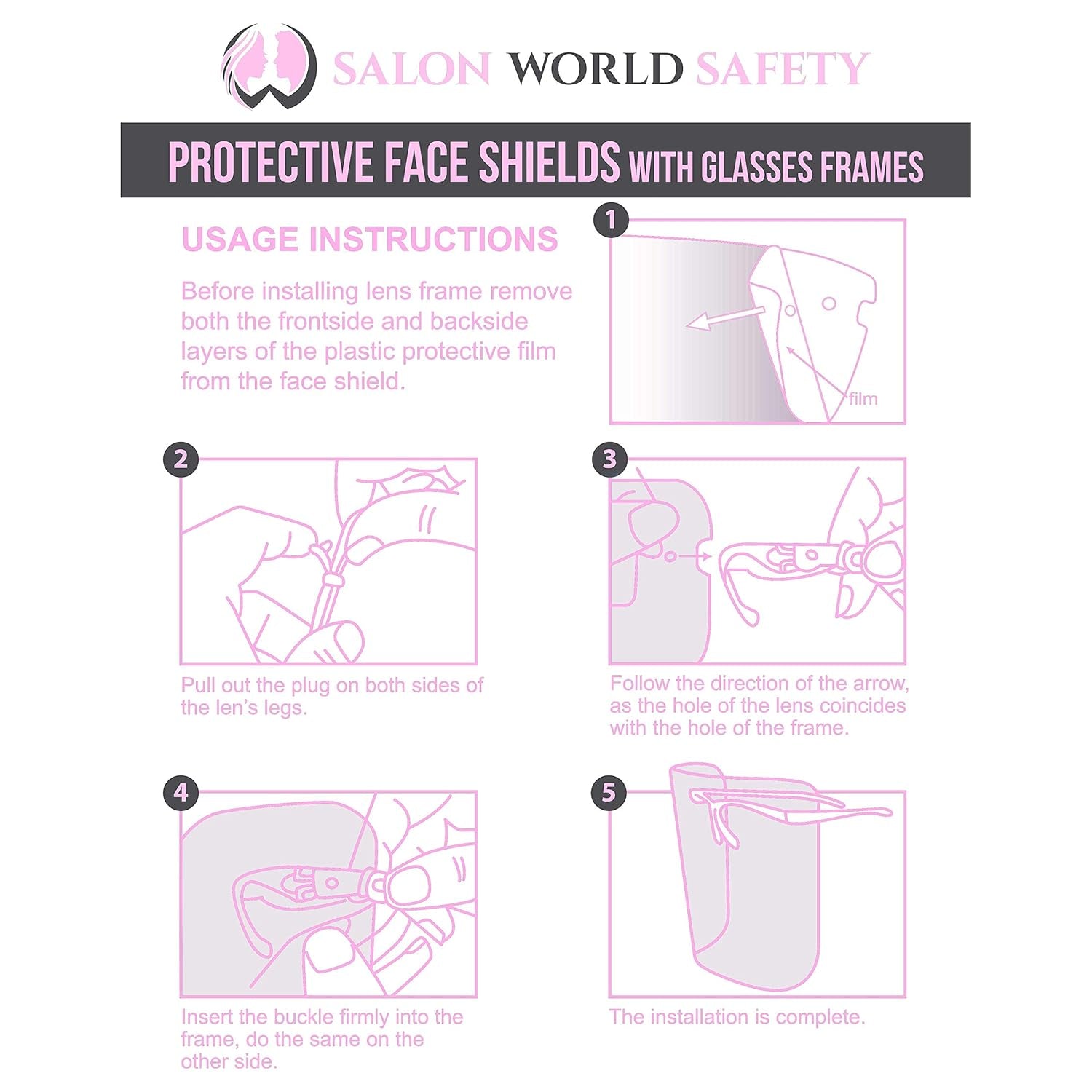 Salon World Safety Face Shields with Pink Glasses Frames (Pack of 4) - Ultra Clear Protective Full Face Shields to Protect Eyes, Nose, Mouth - Anti-Fog PET Plastic, Goggles