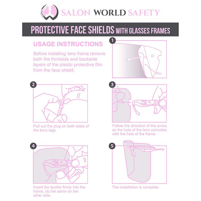 Salon World Safety Face Shields with Pink Glasses Frames (Pack of 4) - Ultra Clear Protective Full Face Shields to Protect Eyes, Nose, Mouth - Anti-Fog PET Plastic, Goggles