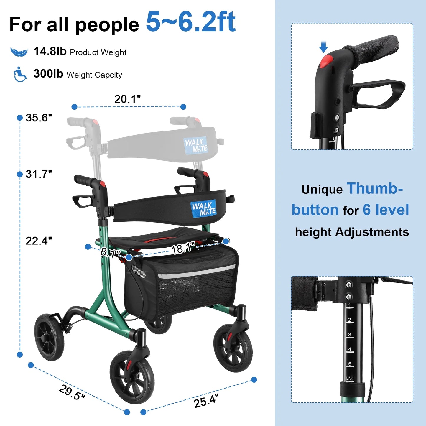 Rollator Walker for Seniors with Cup Holder, Upgraded Thumb Press Button for Height Adjustment, 8" Wheels Folding Lightweight Walking Aid with Seat Padded Backrest, Green