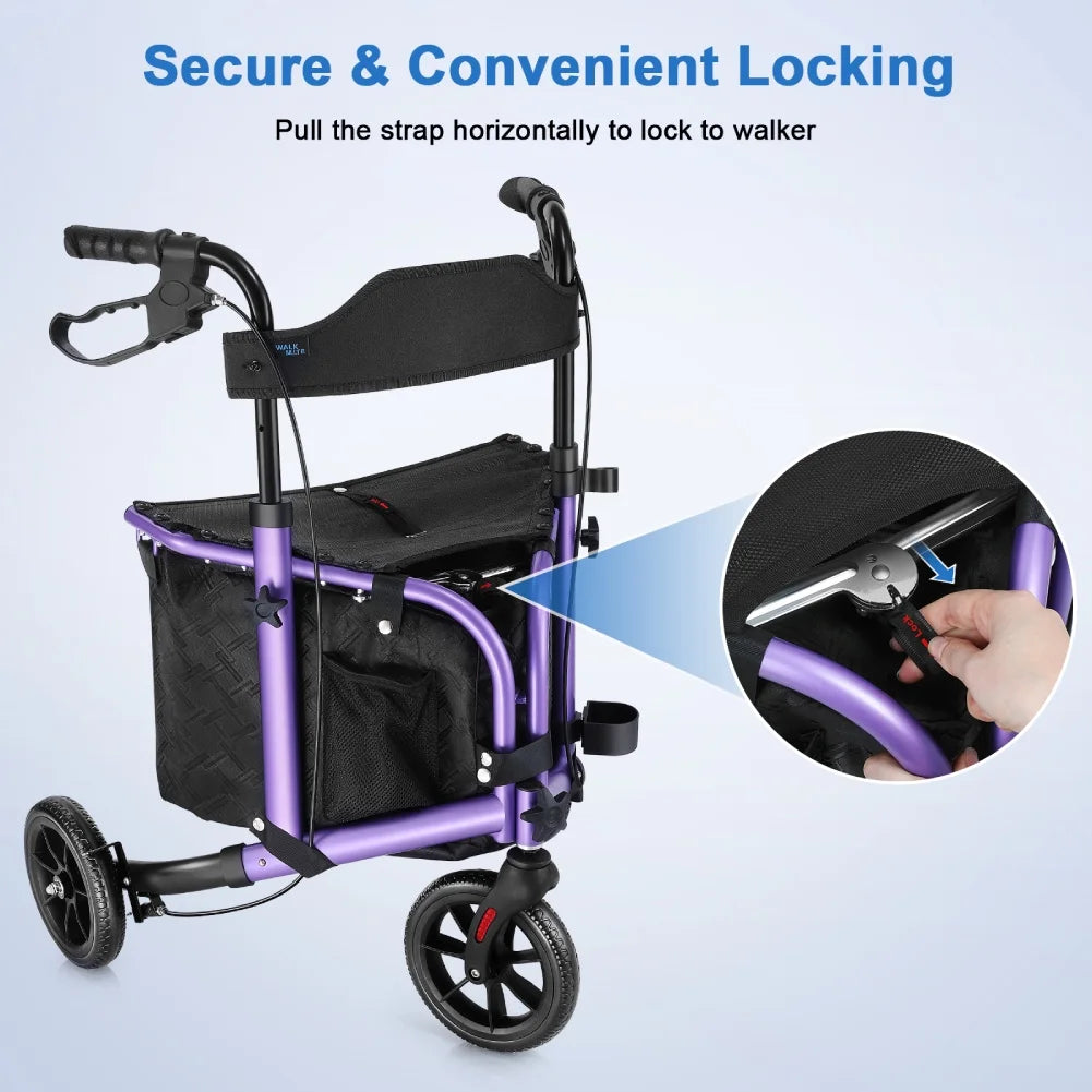 3 Wheel Rollator Walker for Slim Senior, 8'' Wheel Lightweight Folding Walker, Purple