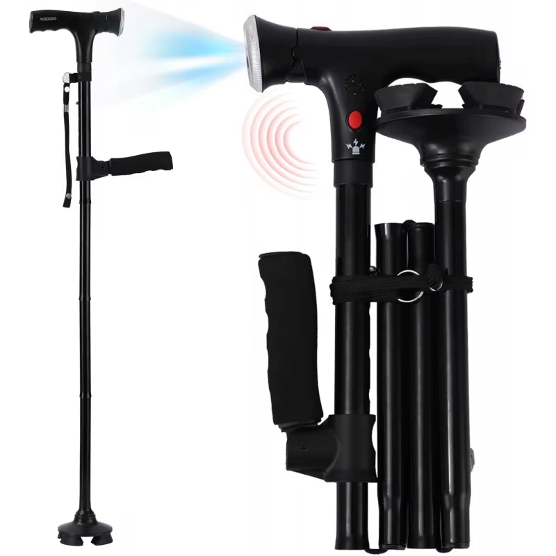 Folding Crutches Walking Cane with LED Light Adjustable Lightweight Collapsible Anti-Slip Walking Stick Old Men Crutch for Older