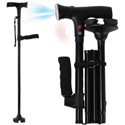 Folding Crutches Walking Cane with LED Light Adjustable Lightweight Collapsible Anti-Slip Walking Stick Old Men Crutch for Older