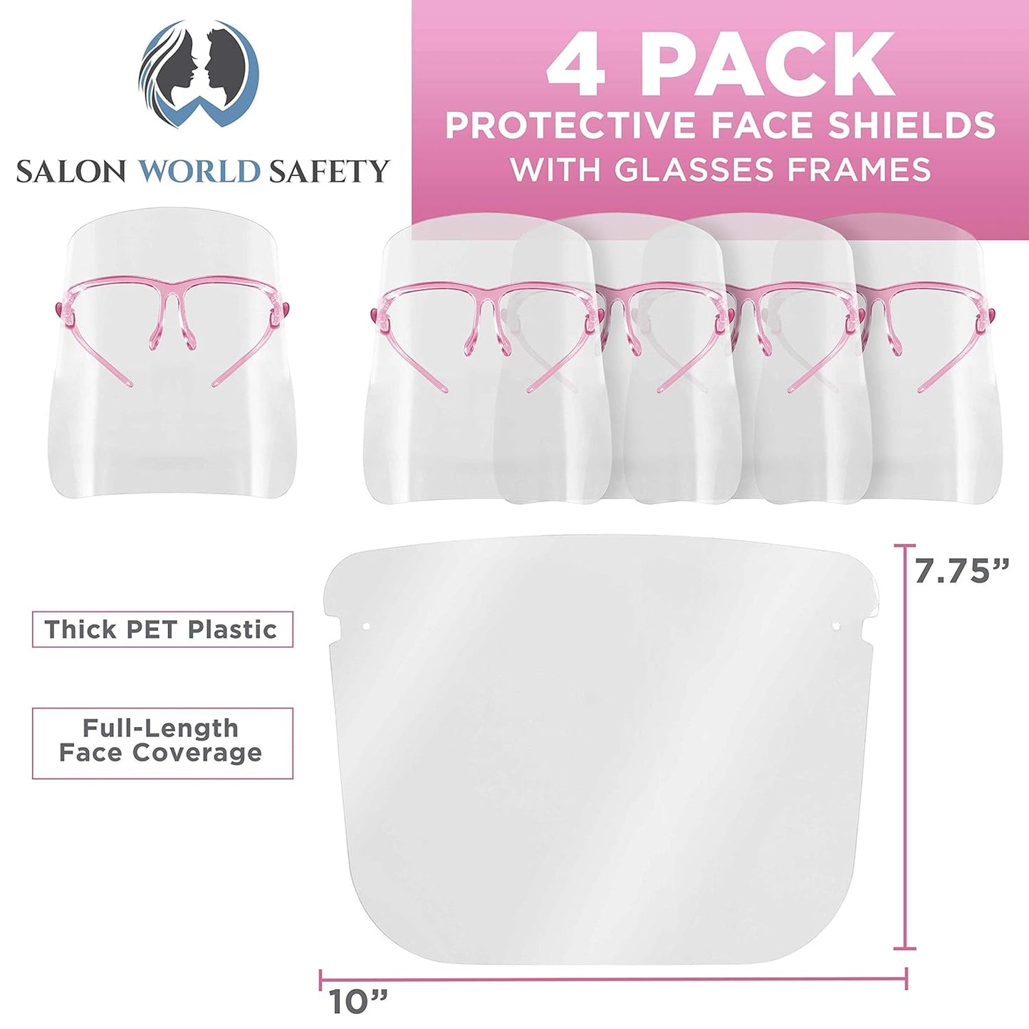 Salon World Safety Face Shields with Pink Glasses Frames (Pack of 4) - Ultra Clear Protective Full Face Shields to Protect Eyes, Nose, Mouth - Anti-Fog PET Plastic, Goggles