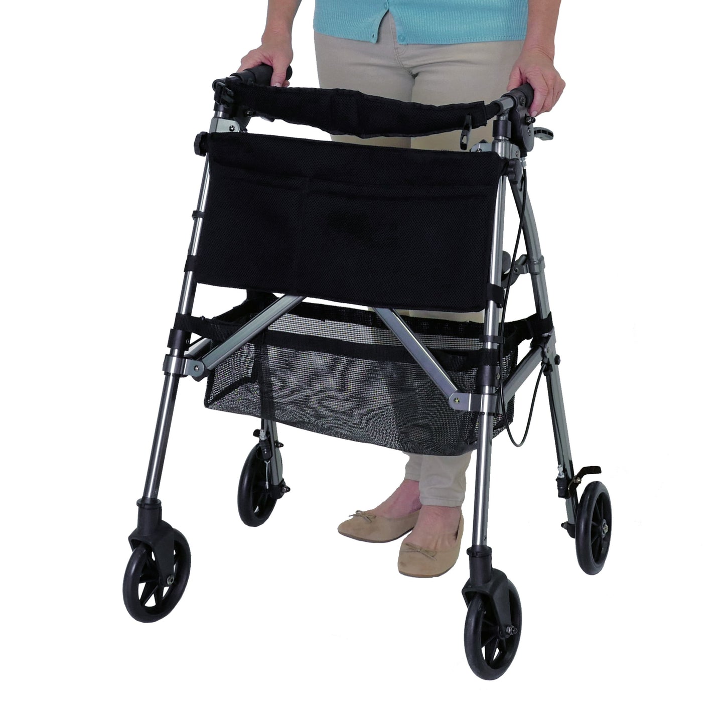 Wonder Rollator plus Short, Lightweight Junior Folding Walker for Seniors with EZ Fold-N-Go Technology, Four Wheel Petite Rolling Walker with Seat, Locking Brakes, Black