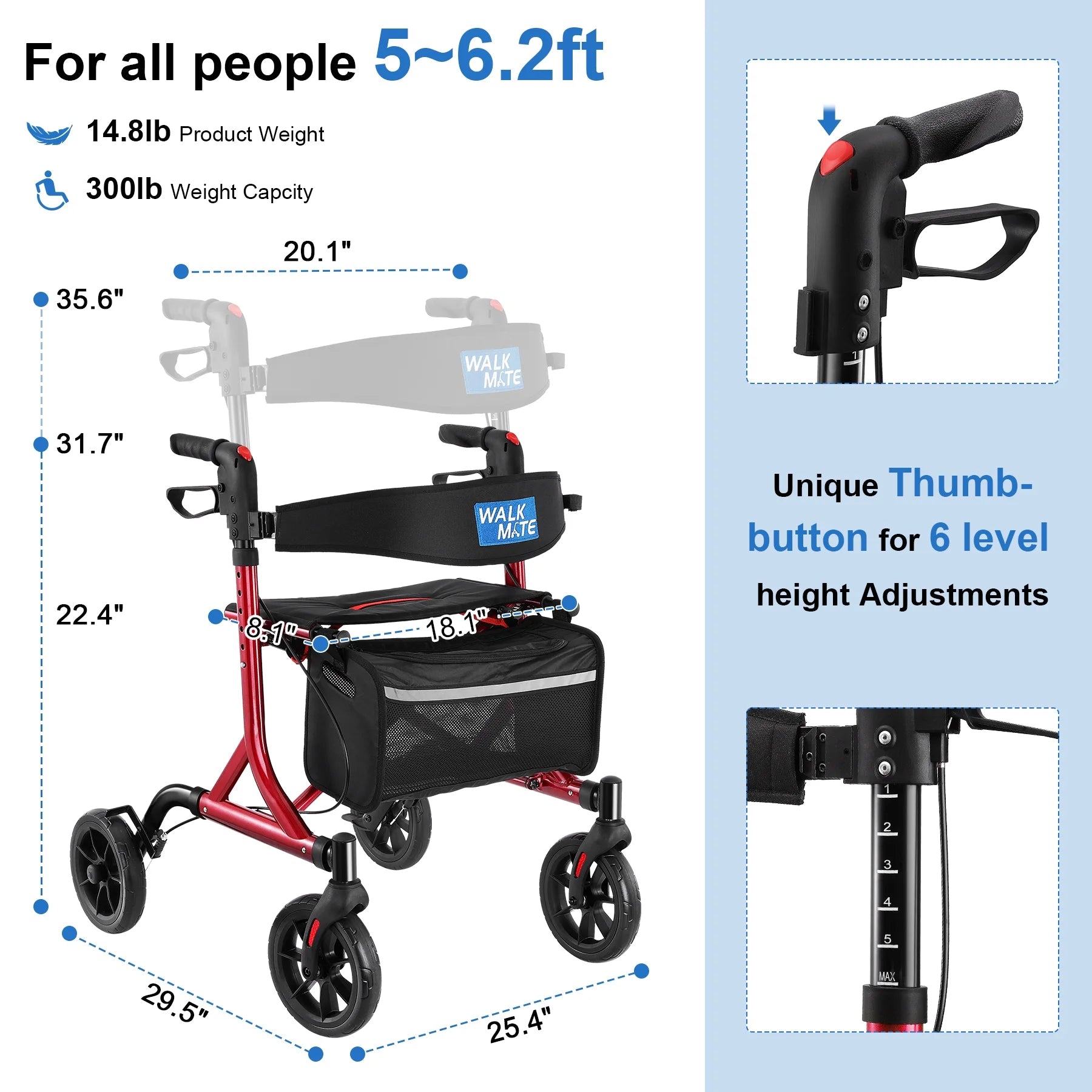 Rollator Walker for Seniors with Cup Holder, Upgraded Thumb Press Button for Height Adjustment, 8" Wheels Folding Lightweight Walking Aid with Seat Padded Backrest, Red