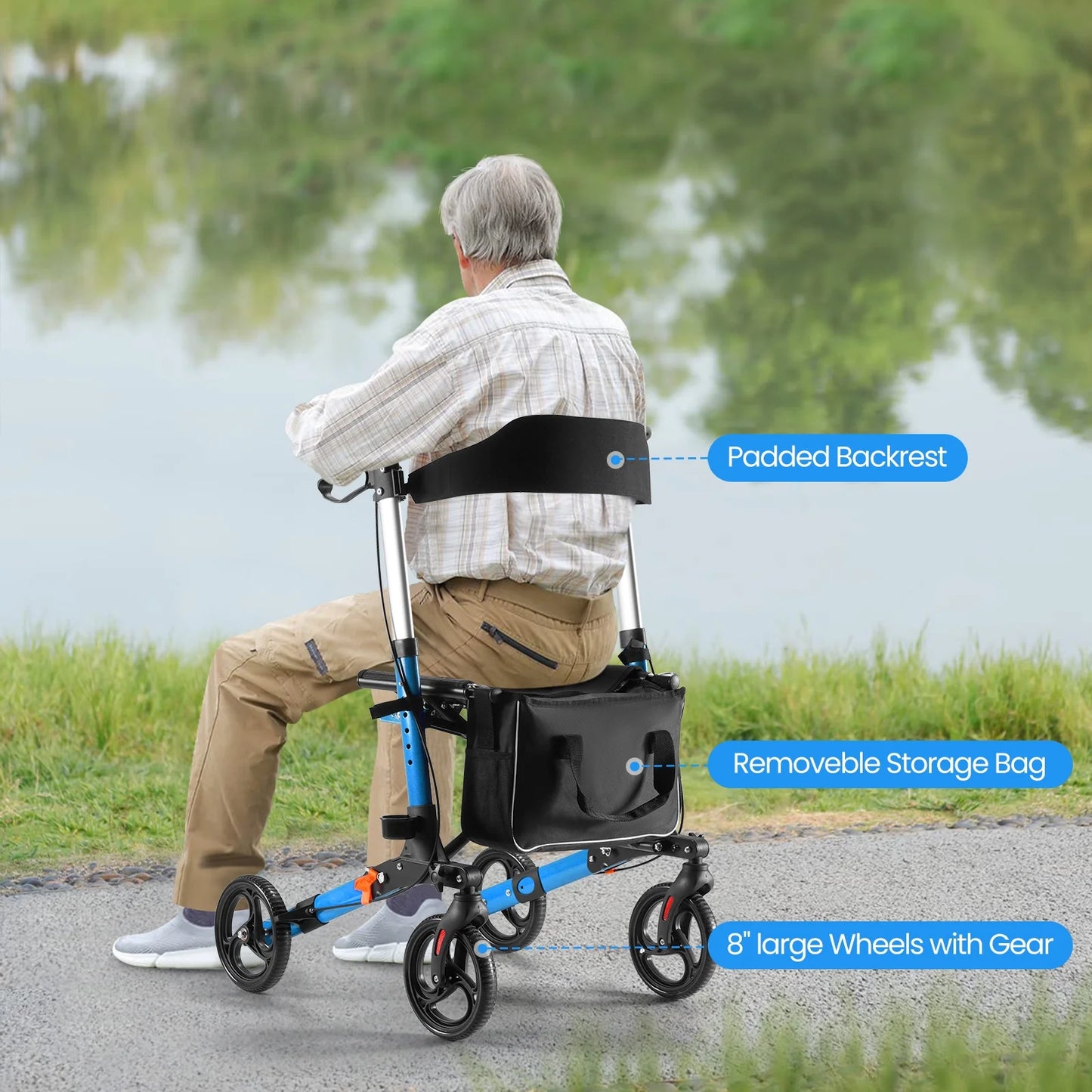 Rollator Walker for Seniors, Lightweight Foldable All Terrain Rolling Walker with Seat, Aluminum Walkers with 8 Inch Solid Wheels, Handles and Backrest for Seniors and Adult, Blue