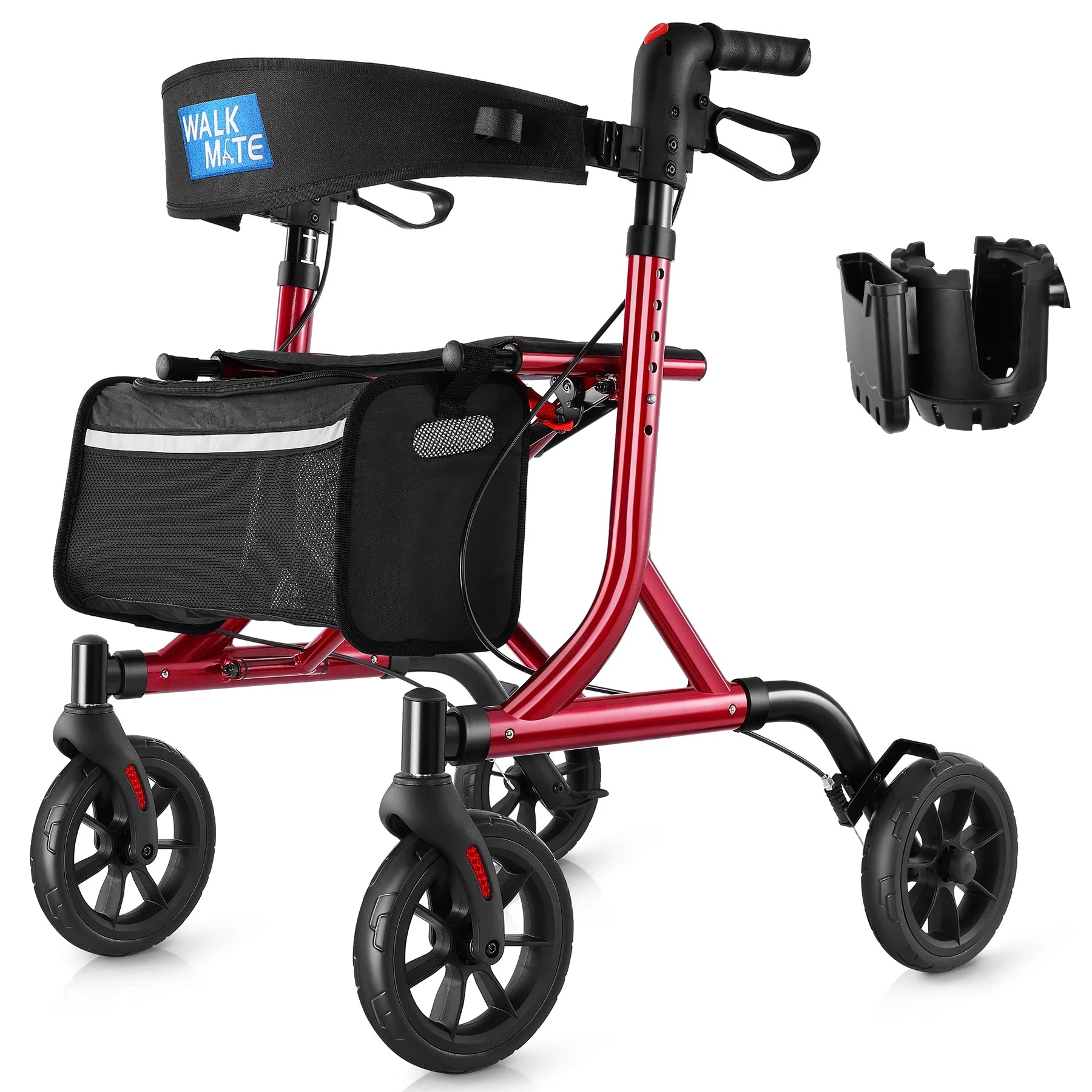 Rollator Walker for Seniors with Cup Holder, Upgraded Thumb Press Button for Height Adjustment, 8" Wheels Folding Lightweight Walking Aid with Seat Padded Backrest, Red