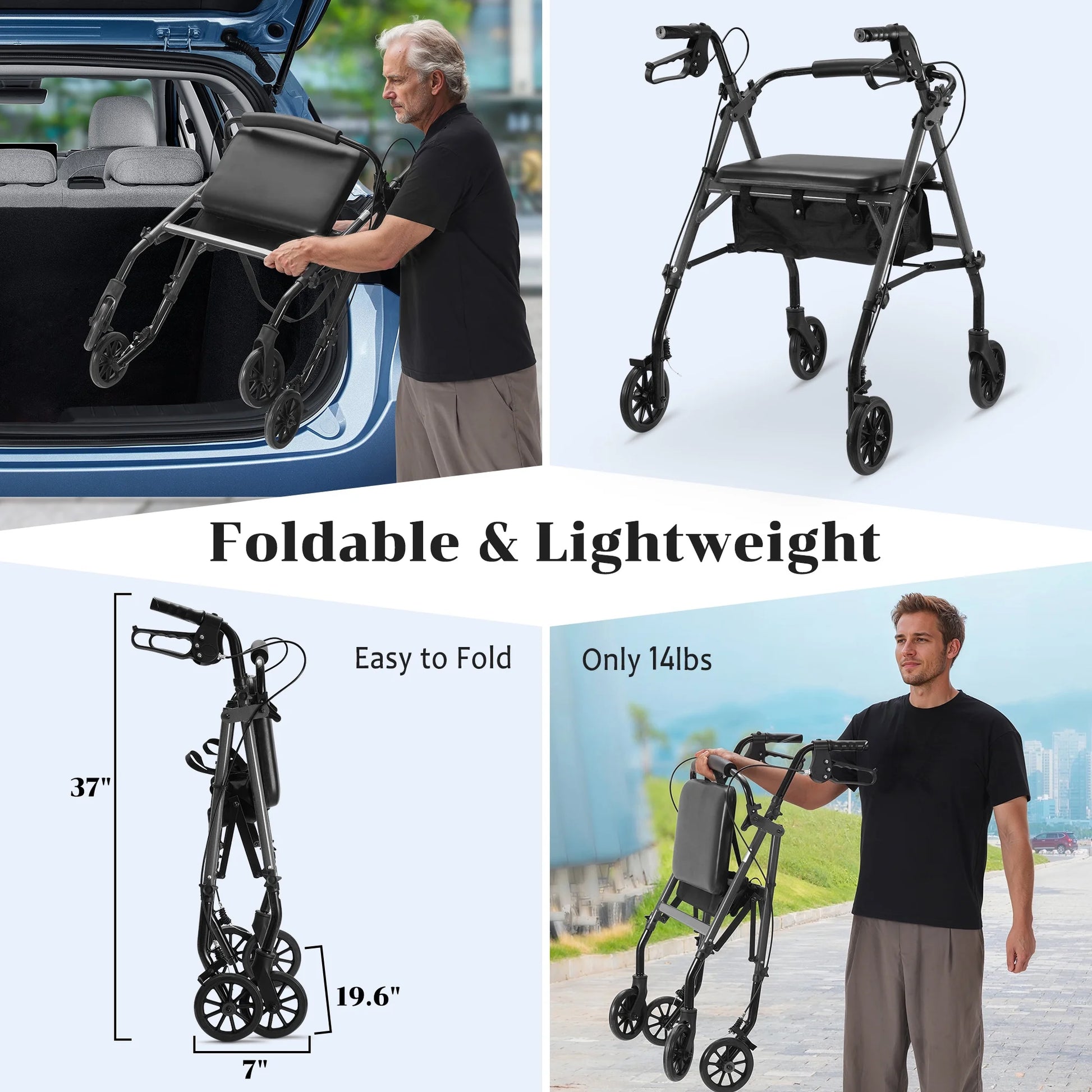 Rolling Walker for Seniors, Foldable Rollator Walker with Seat and 6” Wheels, 300 Lb Capacity, Aluminum Frame, Gray