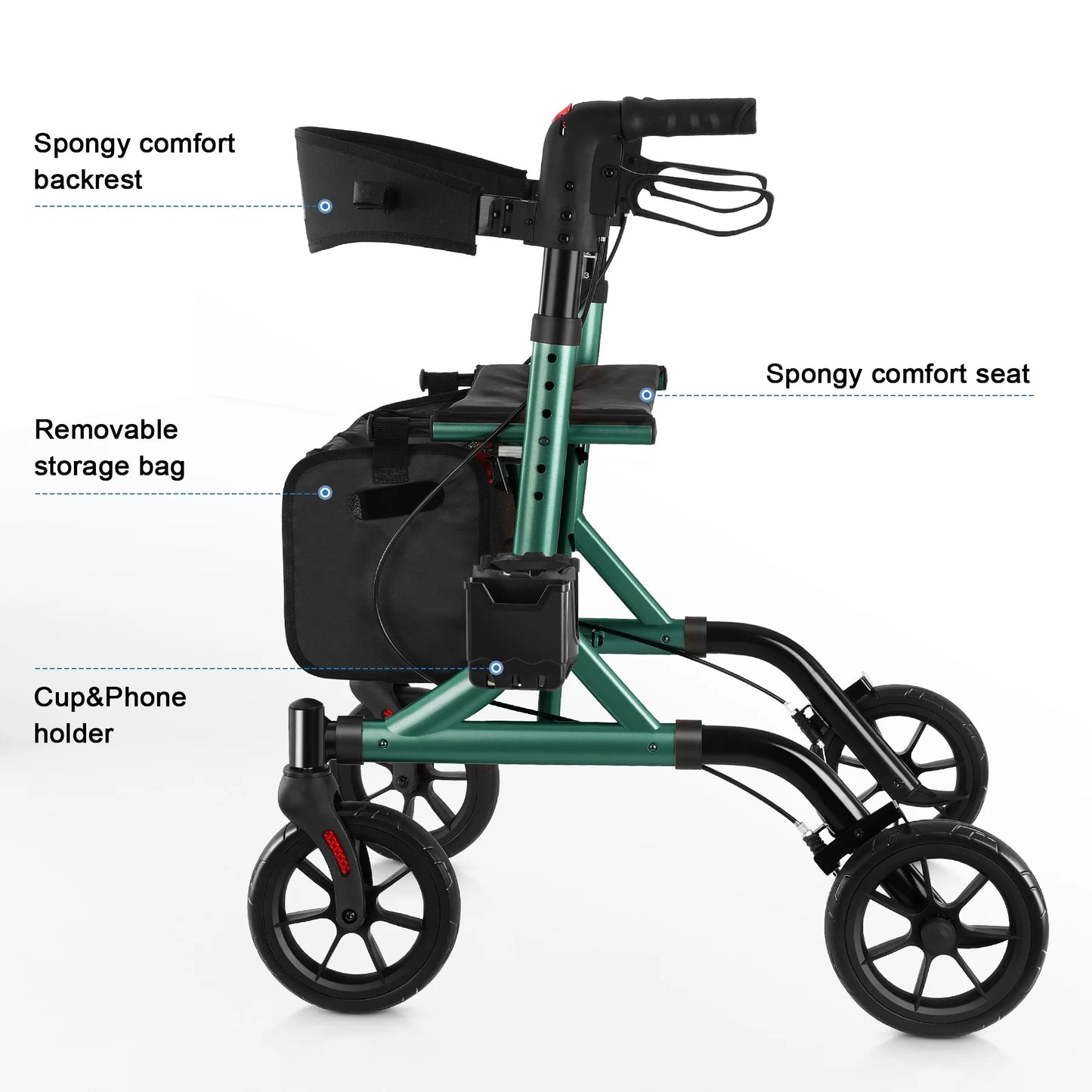 Rollator Walker for Seniors with Cup Holder, Upgraded Thumb Press Button for Height Adjustment, 8" Wheels Folding Lightweight Walking Aid with Seat Padded Backrest, Green