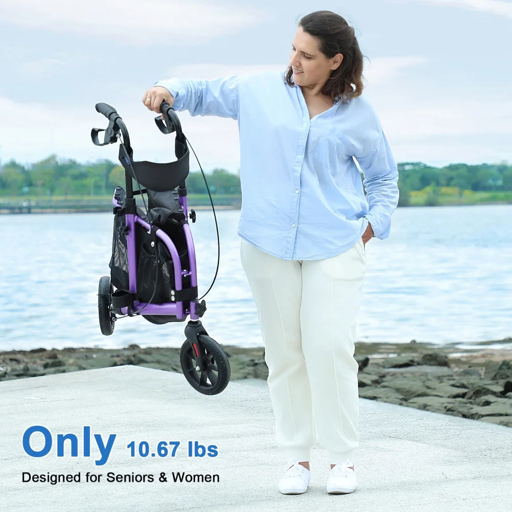 3 Wheel Rollator Walker for Slim Senior, 8'' Wheel Lightweight Folding Walker, Purple