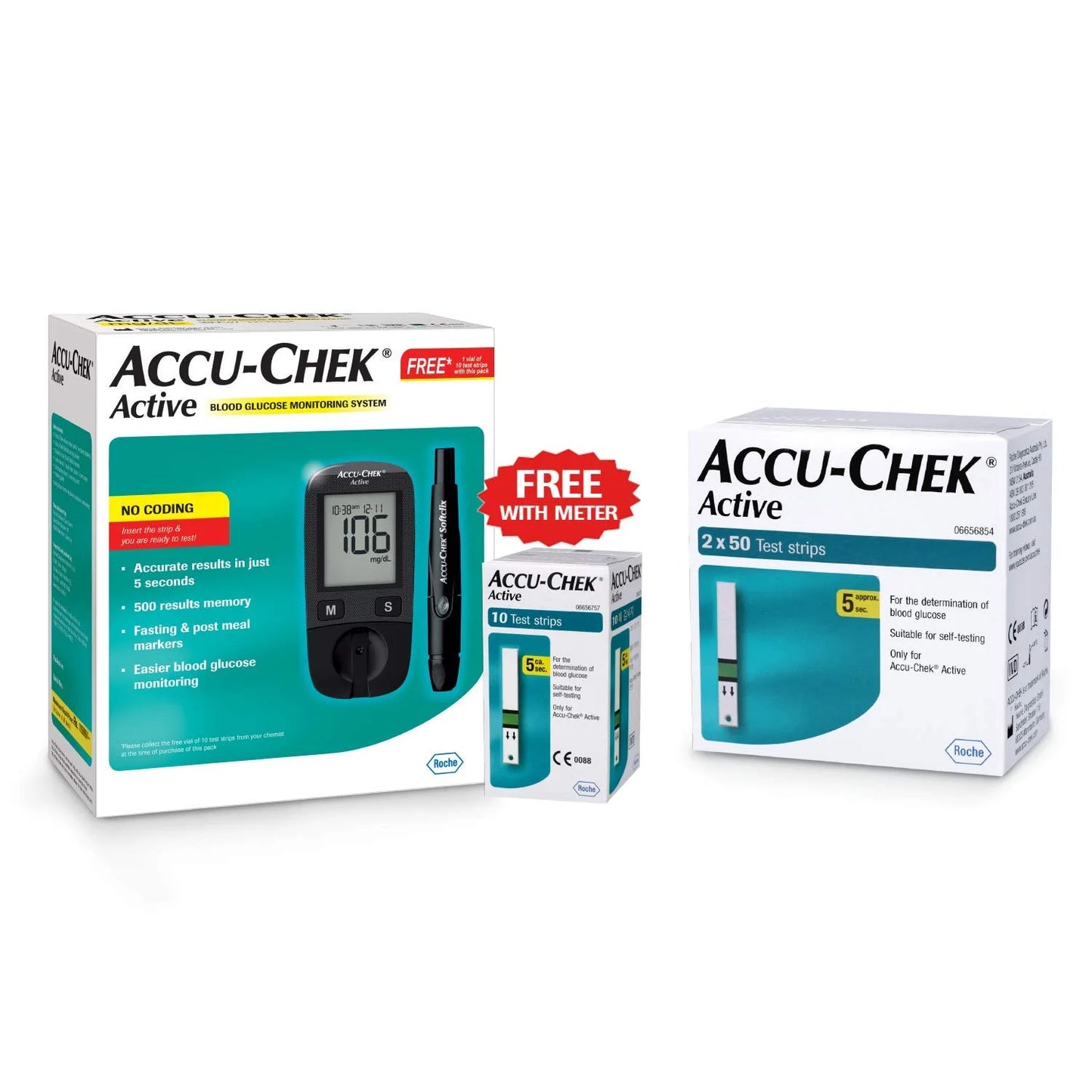 Active Blood Glucose Meter Kit with Active Strips, 100 Count with Free 10 Strips (Multicolor)