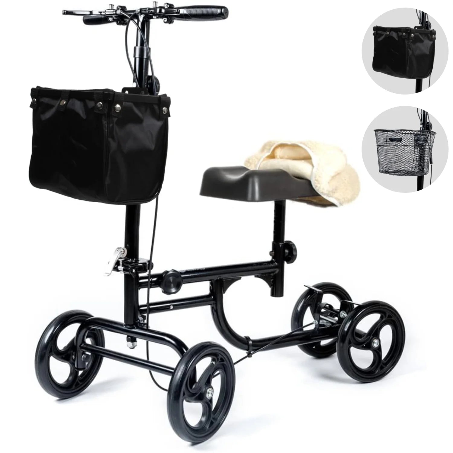 Knee Walker for Leg and Foot Injuries with Dual Brakes, Detachable Fabric Basket & Knee Pad Cover – Collapsible and Adjustable Knee Scooter, Broken Leg Caddy, Better Alternative to Crutches