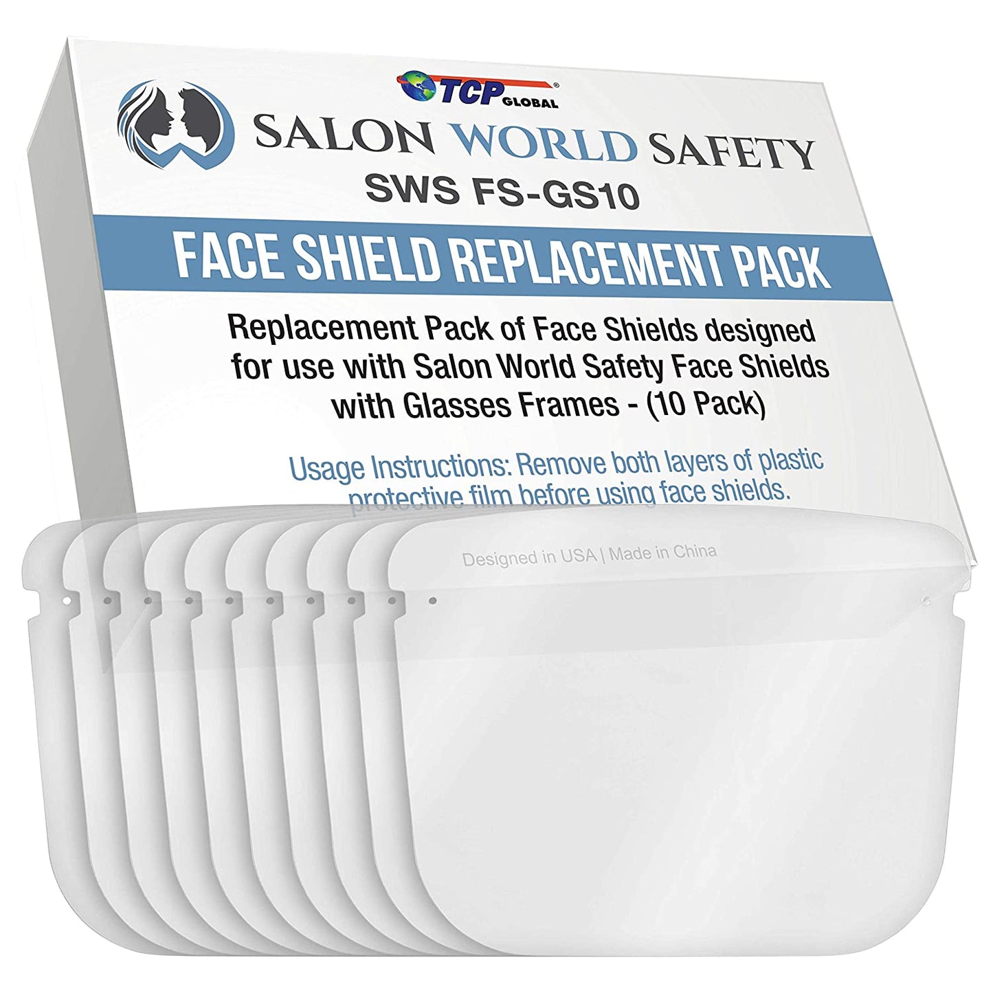 Salon World Safety Replacement Face Shields Only (Pack of 10), Glasses Frames Not Included – Fits Most Brands, Ultra Clear, Full Face, Protect Eyes Nose Mouth, Anti-Fog PET Plastic, Goggles