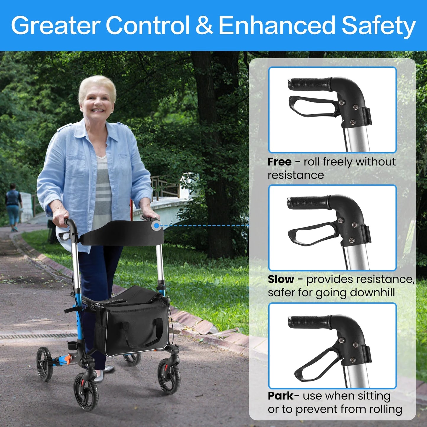 Rollator Walker for Seniors, Lightweight Foldable All Terrain Rolling Walker with Seat, Aluminum Walkers with 8 Inch Solid Wheels, Handles and Backrest for Seniors and Adult, Blue