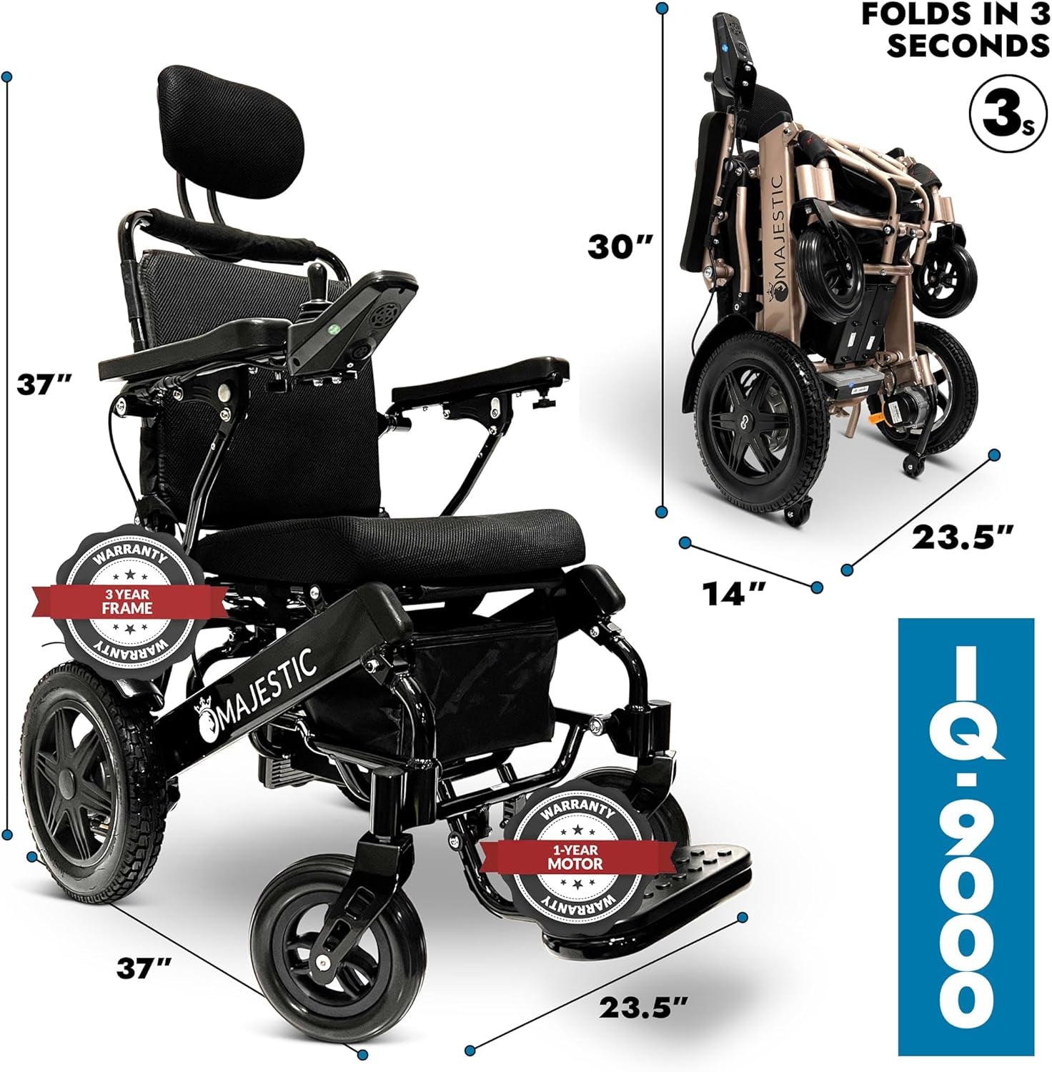 Majestic IQ-9000 Lightweight Foldable Electric Wheelchair for Adults, 19-Mile Range, 17.5" Comfortable Seat - Black Frame with Black Cushion