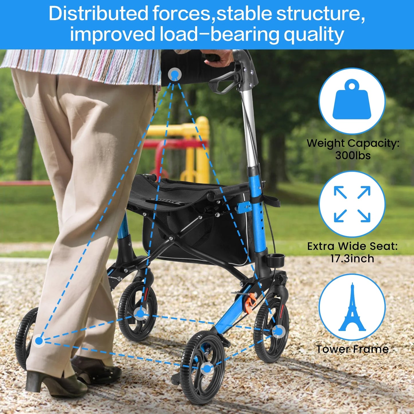 Rollator Walker for Seniors, Lightweight Foldable All Terrain Rolling Walker with Seat, Aluminum Walkers with 8 Inch Solid Wheels, Handles and Backrest for Seniors and Adult, Blue