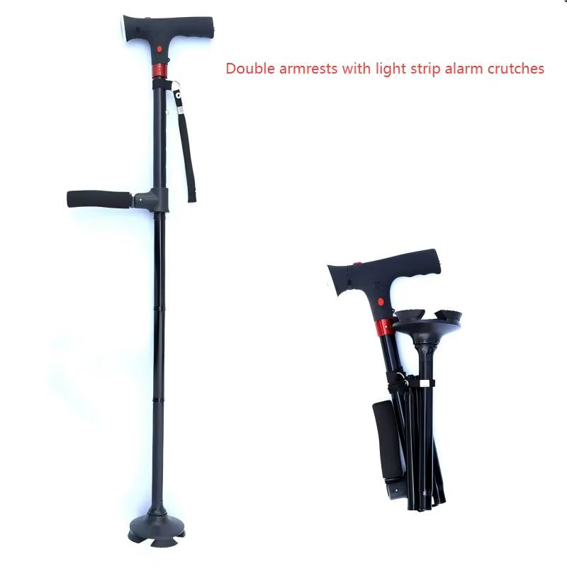 Folding Crutches Walking Cane with LED Light Adjustable Lightweight Collapsible Anti-Slip Walking Stick Old Men Crutch for Older