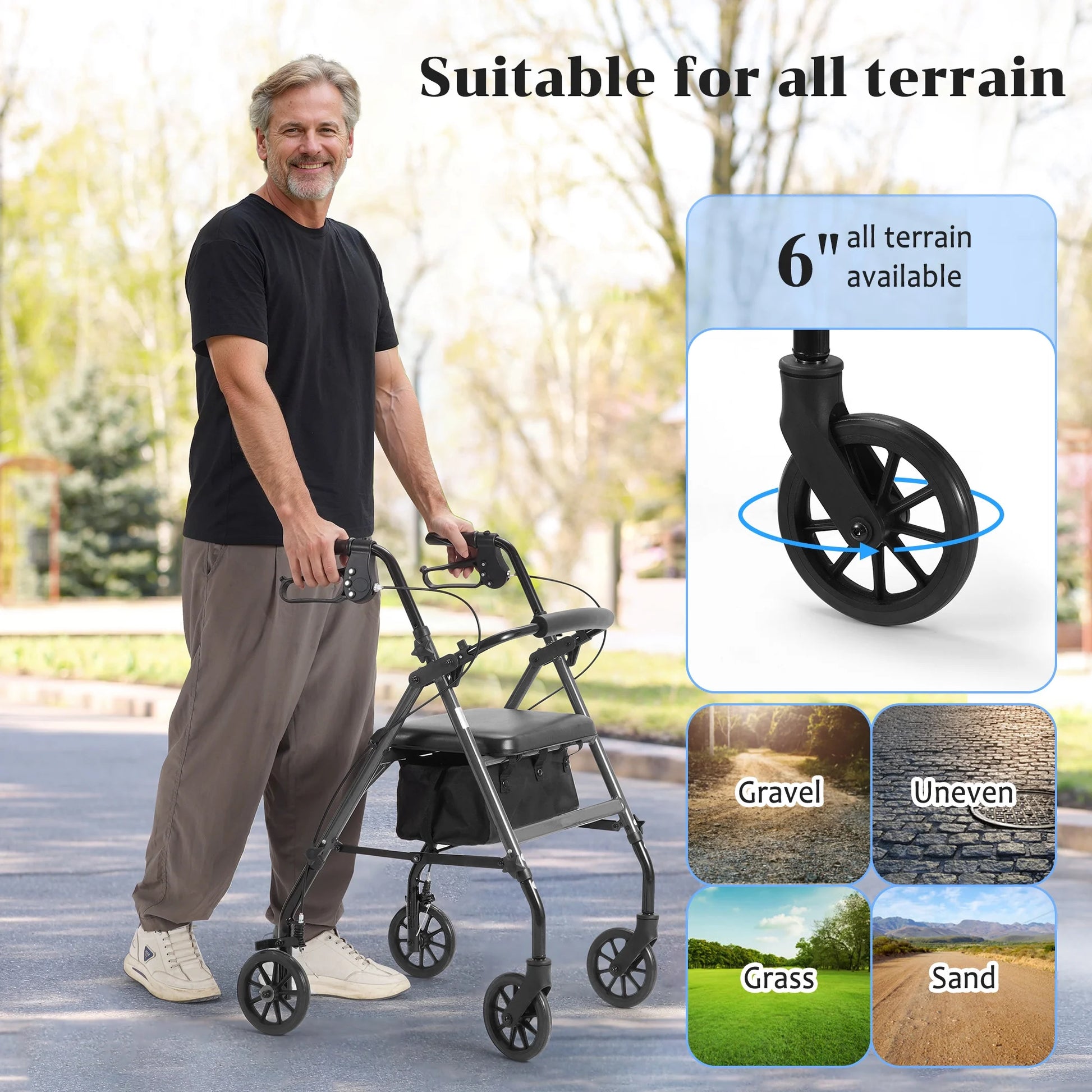 Rolling Walker for Seniors, Foldable Rollator Walker with Seat and 6” Wheels, 300 Lb Capacity, Aluminum Frame, Gray