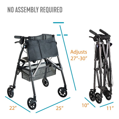 Wonder Rollator plus Short, Lightweight Junior Folding Walker for Seniors with EZ Fold-N-Go Technology, Four Wheel Petite Rolling Walker with Seat, Locking Brakes, Black