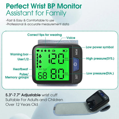 Blood Pressure Monitor, Professional Wireless Automatic Wrist Blood Pressure Cuffs Health Monitors, Portable BP Heart Rate Monitor with LCD Backlit Display, for Home Travel Use