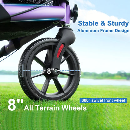 3 Wheel Rollator Walker for Slim Senior, 8'' Wheel Lightweight Folding Walker, Purple