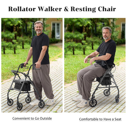 Rolling Walker for Seniors, Foldable Rollator Walker with Seat and 6” Wheels, 300 Lb Capacity, Aluminum Frame, Gray