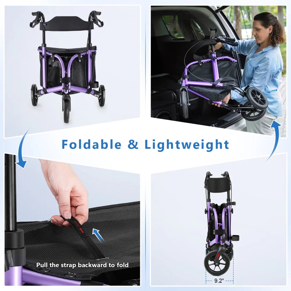 3 Wheel Rollator Walker for Slim Senior, 8'' Wheel Lightweight Folding Walker, Purple