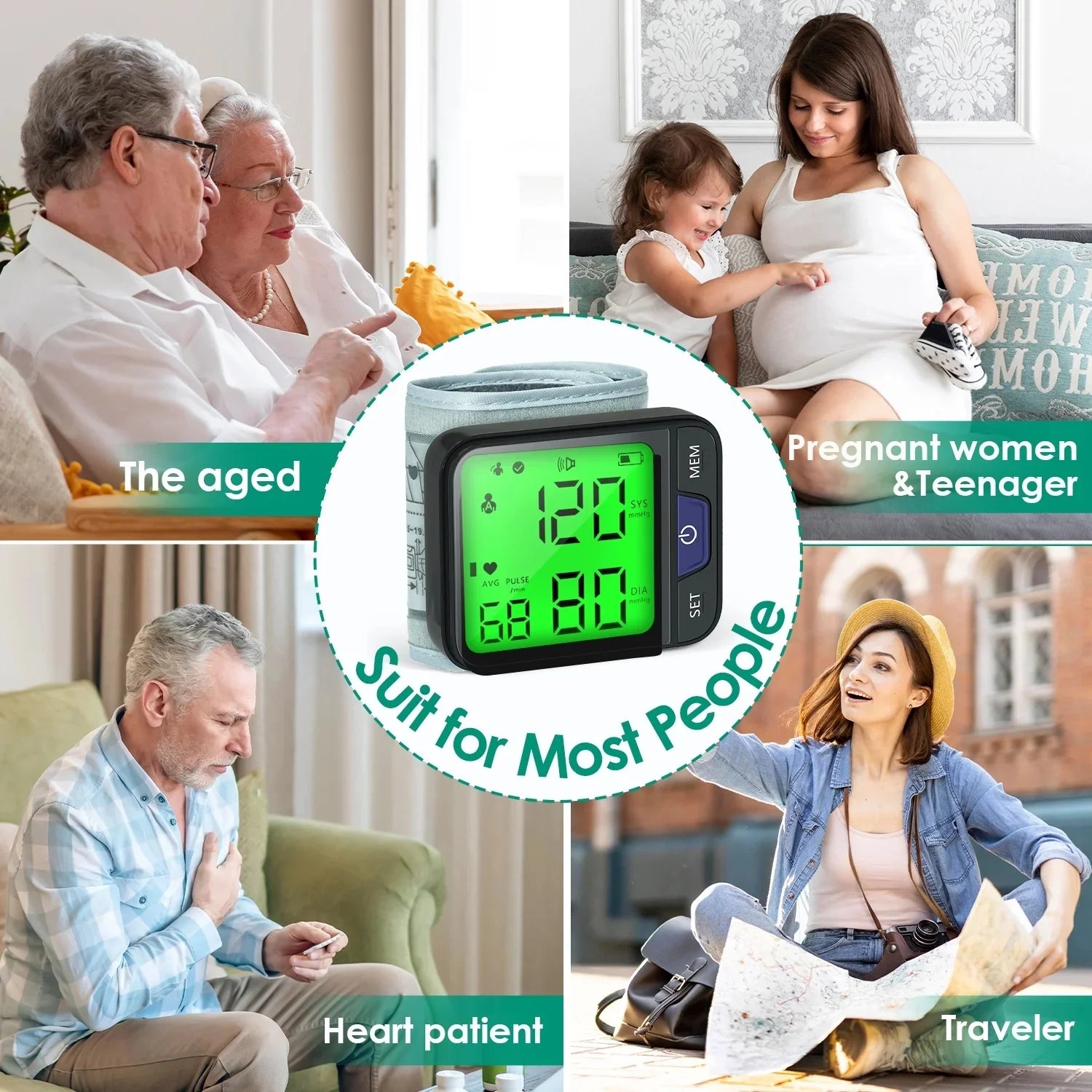 Blood Pressure Monitor, Professional Wireless Automatic Wrist Blood Pressure Cuffs Health Monitors, Portable BP Heart Rate Monitor with LCD Backlit Display, for Home Travel Use