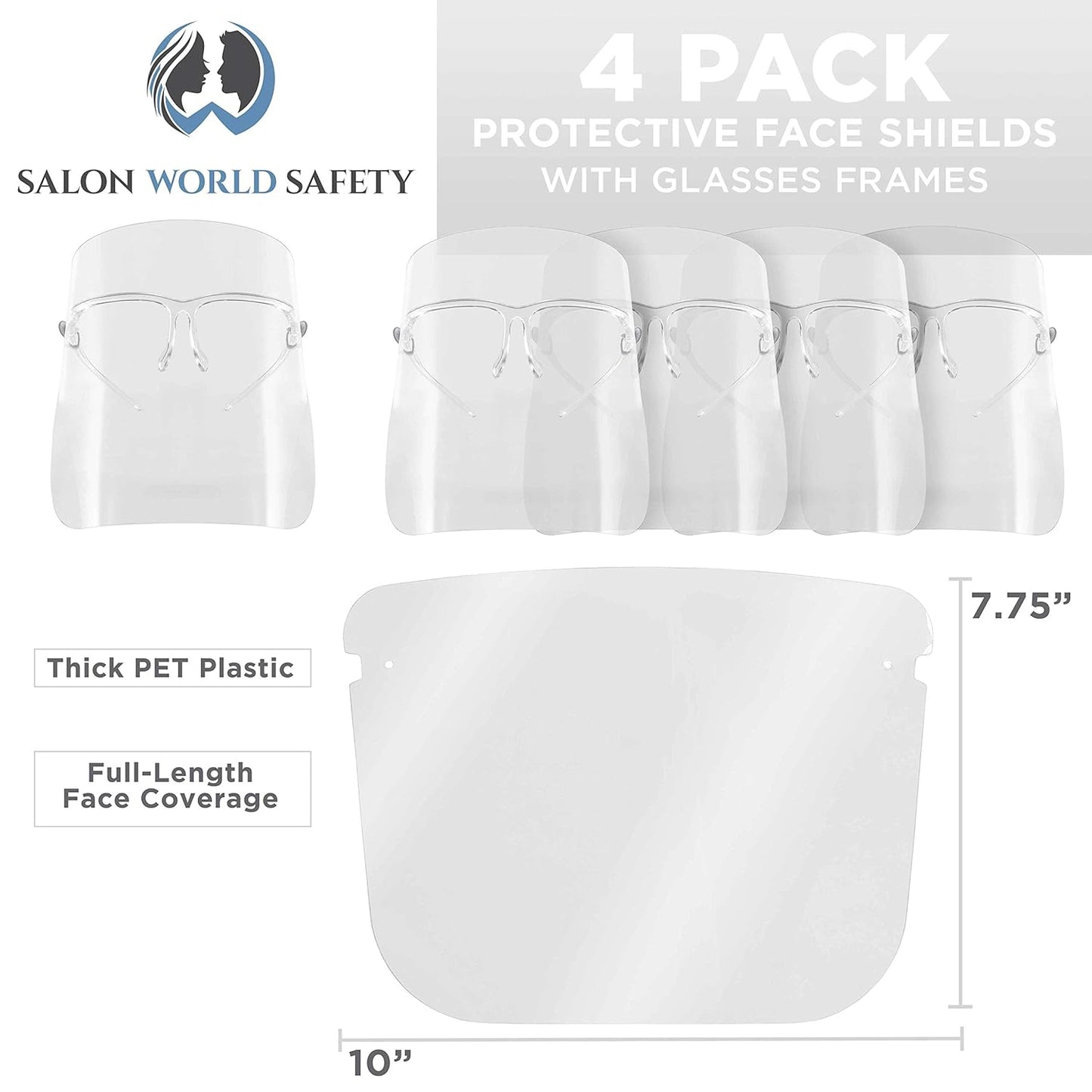 Salon World Safety Face Shields with All Clear Glasses Frames (Pack of 4) - Ultra Clear Protective Full Face Shields to Protect Eyes, Nose, Mouth - Anti-Fog PET Plastic, Goggles