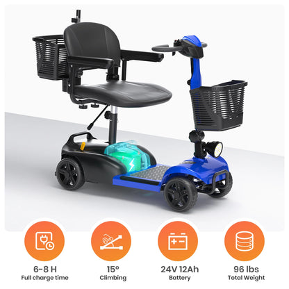 4 Wheels Mobility Scooter with Cane Holder for Seniors, Electric Folding Wheelchair Device for Travel, Blue