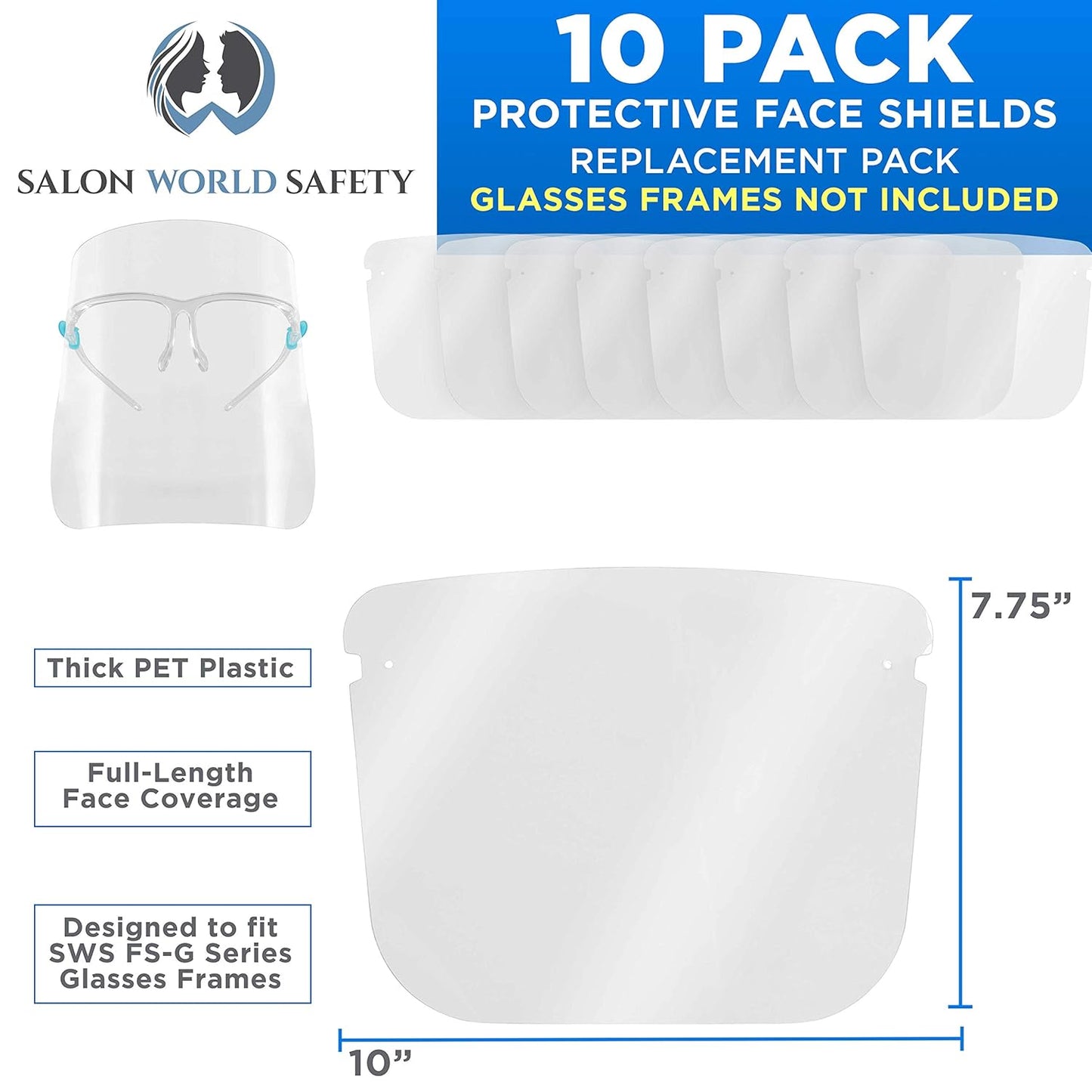 Salon World Safety Replacement Face Shields Only (Pack of 10), Glasses Frames Not Included – Fits Most Brands, Ultra Clear, Full Face, Protect Eyes Nose Mouth, Anti-Fog PET Plastic, Goggles