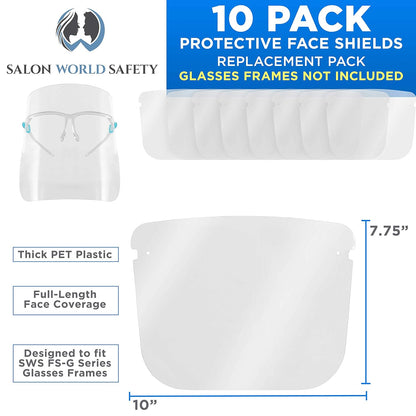 Salon World Safety Replacement Face Shields Only (Pack of 10), Glasses Frames Not Included – Fits Most Brands, Ultra Clear, Full Face, Protect Eyes Nose Mouth, Anti-Fog PET Plastic, Goggles