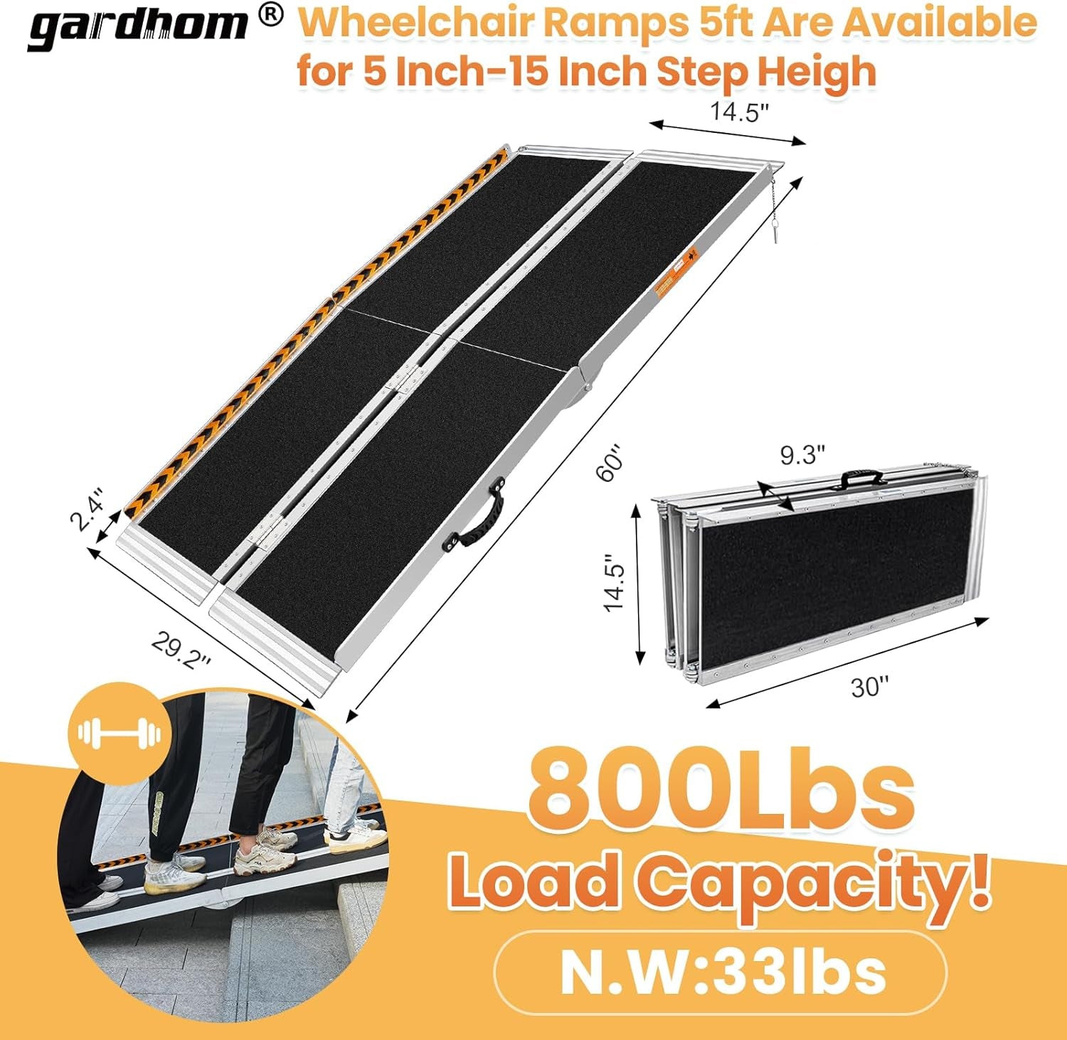 5FT Portable Aluminum Wheelchair Ramp with 800Lbs Load Capacity - Anti-Slip Folding Design for Home Entry, Doorways, Steps, and Curbs