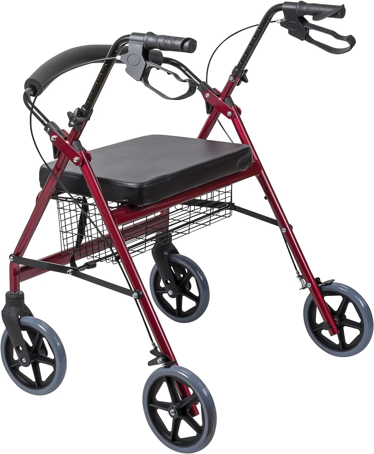 Extra-Wide Heavy Duty Steel Bariatric Mobility Rollator Walker with Seat and Basket, Burgundy, Folding