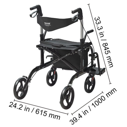 2 in 1 Rollator Walker & Transport Chair for Seniors Folding Rolling Walker Wheelchair Combo & Aluminum Mobility Walker