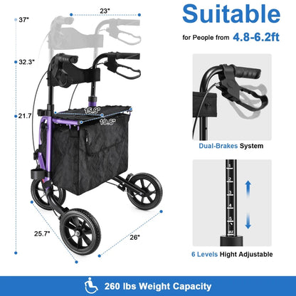 3 Wheel Rollator Walker for Slim Senior, 8'' Wheel Lightweight Folding Walker, Purple