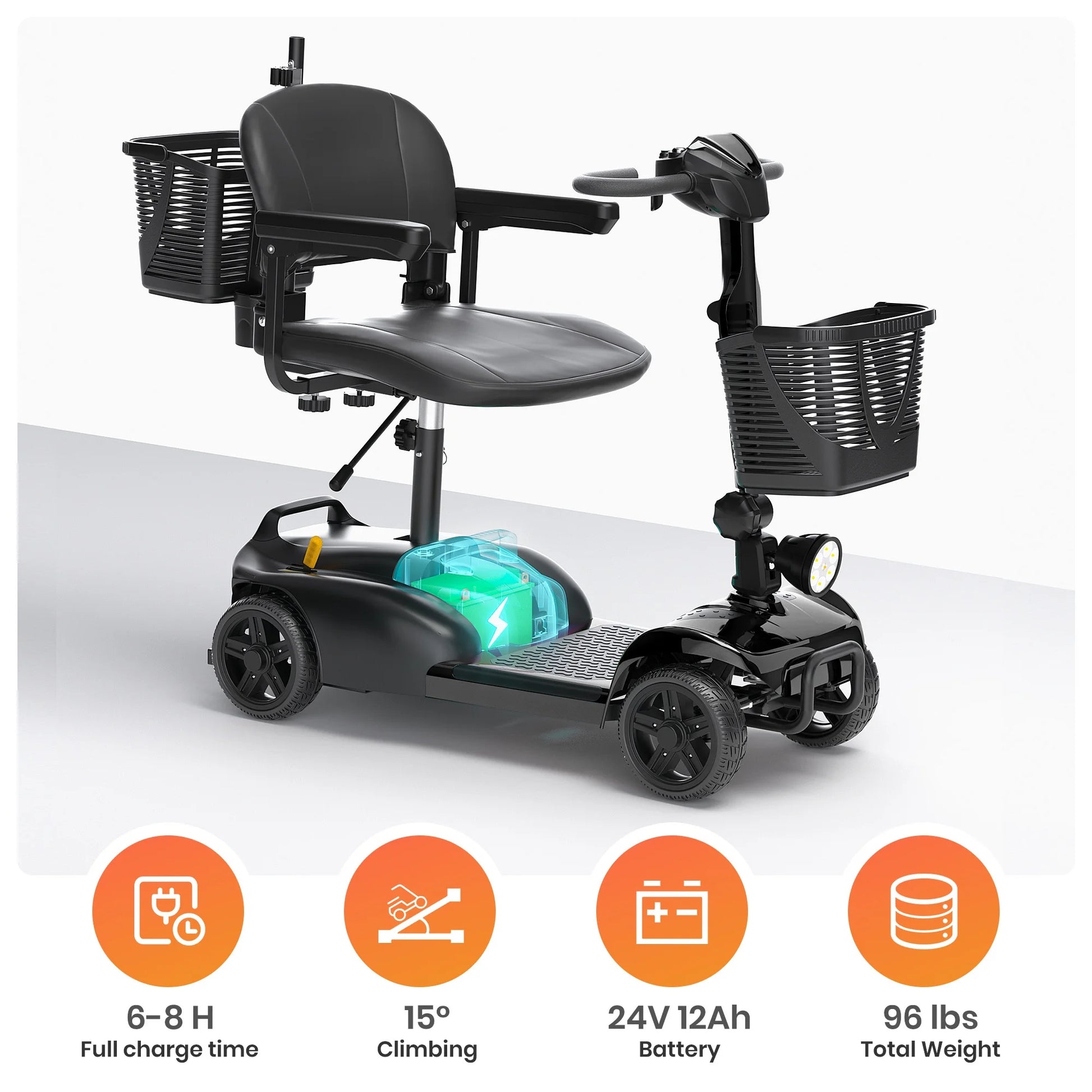 4 Wheels Mobility Scooter with Cane Holder for Seniors, Electric Folding Wheelchair Device for Travel, Black