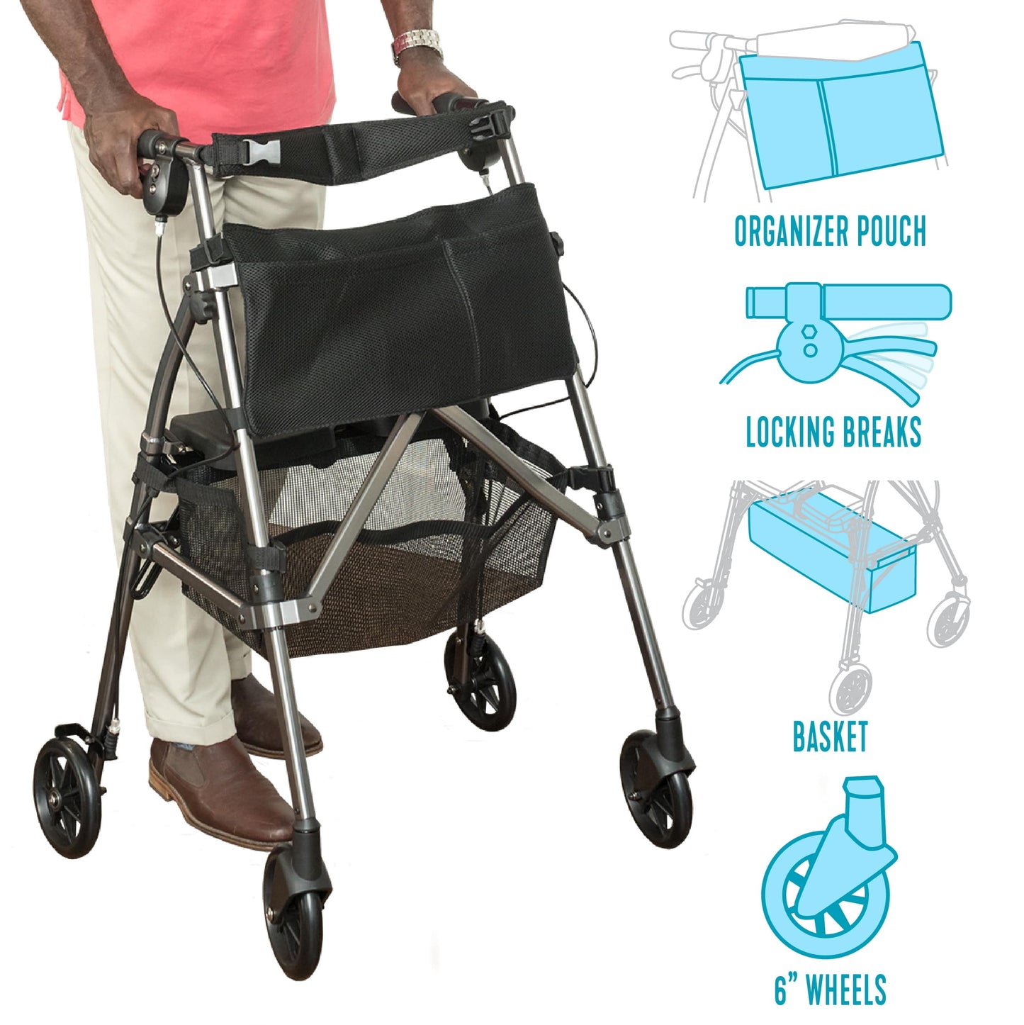 Wonder Rollator plus Short, Lightweight Junior Folding Walker for Seniors with EZ Fold-N-Go Technology, Four Wheel Petite Rolling Walker with Seat, Locking Brakes, Black