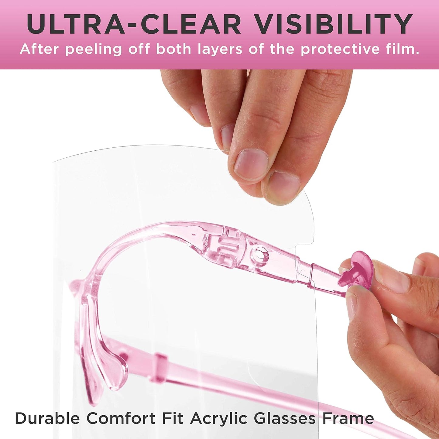 Salon World Safety Face Shields with Pink Glasses Frames (Pack of 4) - Ultra Clear Protective Full Face Shields to Protect Eyes, Nose, Mouth - Anti-Fog PET Plastic, Goggles