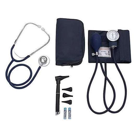 | Nurse Essentials Starter Kit with Handheld Travel Case | 3 Part Kit Includes Adult Aneroid Sphygmomanometer Blood Pressure Monitor, Stethoscope, Mini Diagnostic Otoscope (Navy Blue)