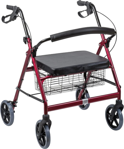 Extra-Wide Heavy Duty Steel Bariatric Mobility Rollator Walker with Seat and Basket, Burgundy, Folding