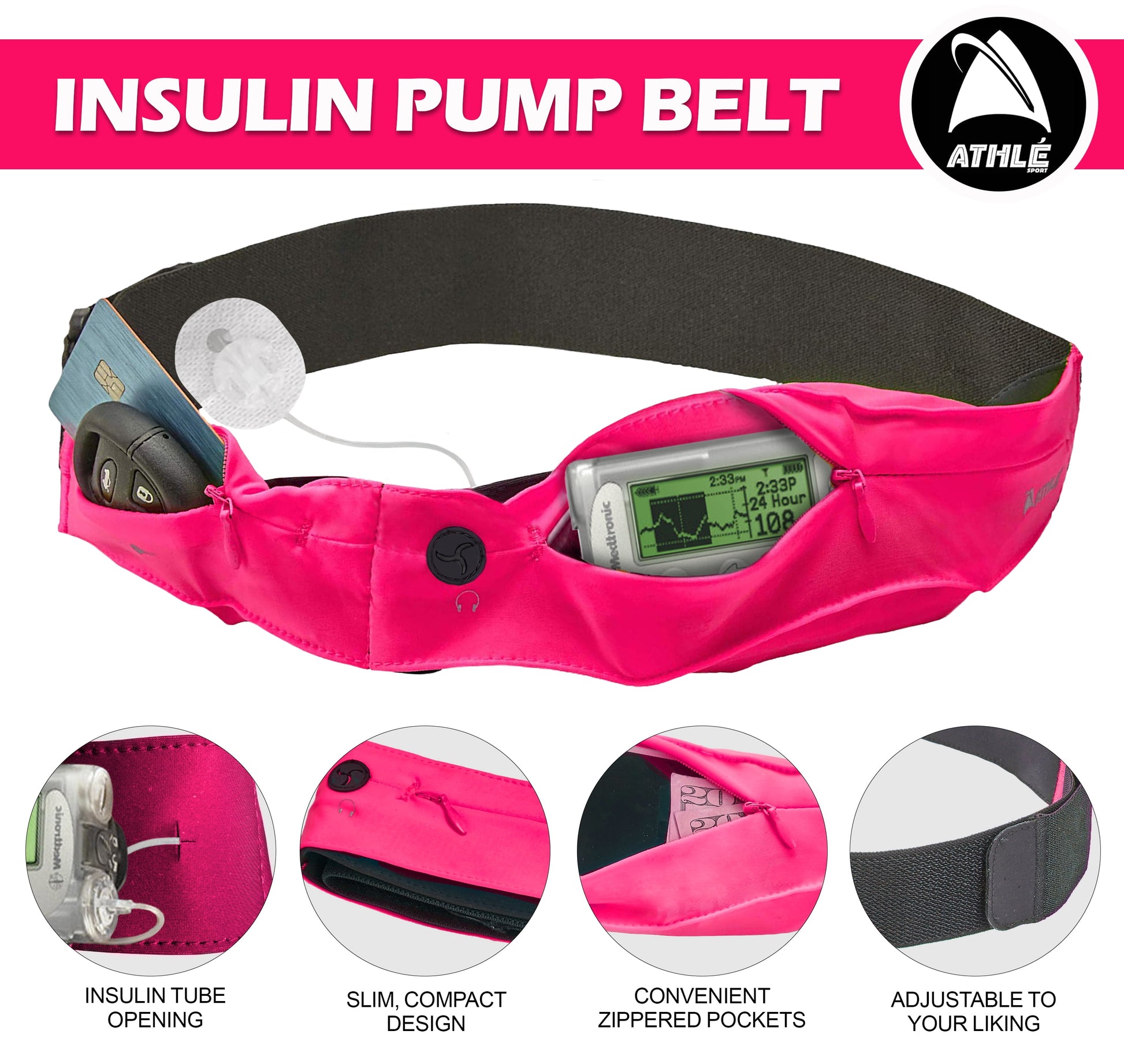 Insulin Pump Belt - 2 Stretch Pockets & Adjustable Waist Strap, Medium 25"-32", Pink